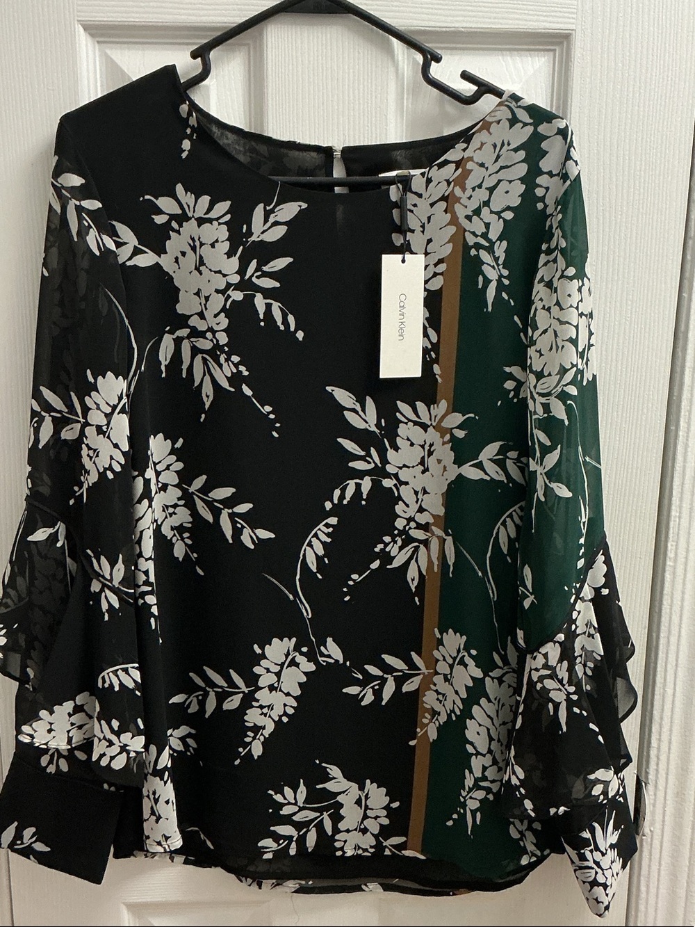 Calvin Klein Black Floral Blouse with Green and Tan Accents